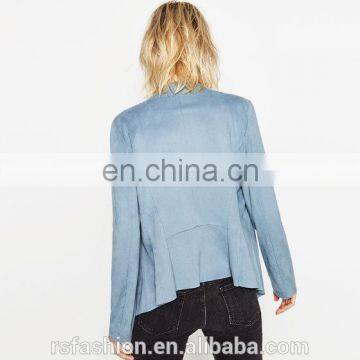 Light Blue Casual Suede Lapel Jacket , Artificial Schammy Jacket photo-3
