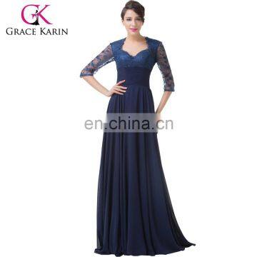 Grace Karin 2015 Newest Navy Blue Long Lace Formal Evening Dress With Long Sleeve CL6234