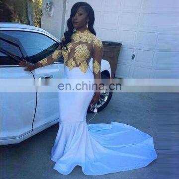 Free Shipping Elegant Sweep Train Gold and White Mermaid Long Prom Dress Evening Dress