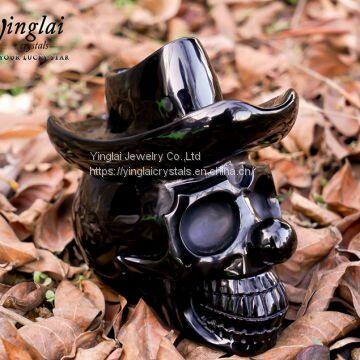 obsidian human skull with hat crystal skull