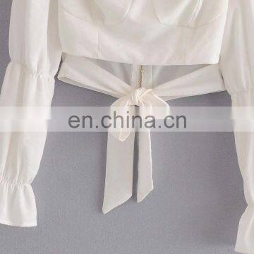 TWOTWINSTYLE Hollow Out Women's Shirt Square Collar Lantern Sleeve Tunic Lace Up Bow Fashion photo-4