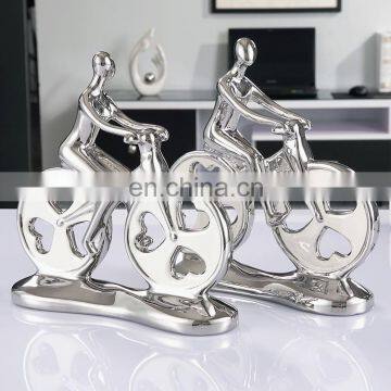 Customized Creative Couples Biking Ornaments Silver-plated Glazed Ceramic Home Decor Art Ornaments