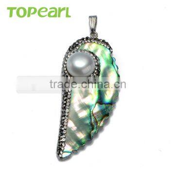 Topearl Jewelry 3pcs Charm Abalone Shell and White Freshwater Pearl Pendant Rhinestones Studded Pearl Pendant SPD10