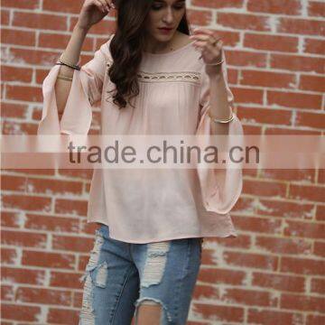 Bell Sleeve Round Neck Shirts Casual Tops Women Sexy Brand Fashion Beach Wear Summer Clothing Ladies Loose Eyelet Blouse B005 photo-4