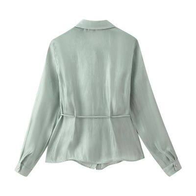 New Style Women's Clothing: Classic Butterfly Knot Embellished Shiny Effect Blouse photo-2