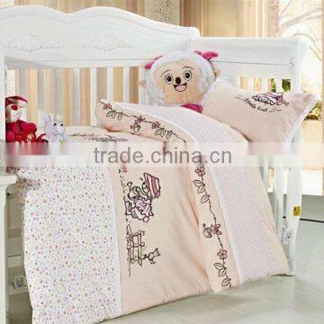 Embroider Girl and Flower Bedding Cotton Baby Comforter Set 200TC In Pink Color