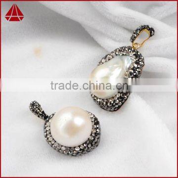 Fashion boho natural pearl beads pendants jewelry, black cz paved natural pearl mala