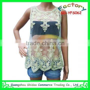 Manufacturer offer ladies embroidery white lace sleeveless blouse