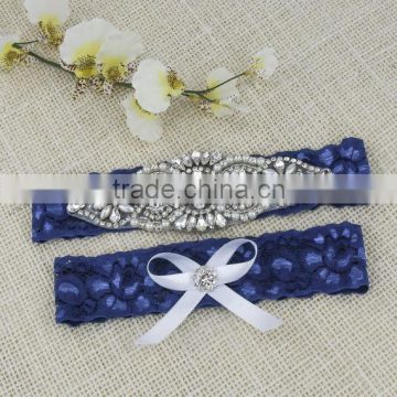 Navy Blue Lace Bling Rhinestone Garter,Large Rhinestone Applique Wedding Garter