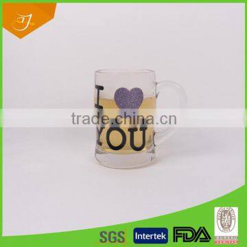 400ml Glass Beer Mug With Handle/ Wholesale Glass Mug With Design Decal