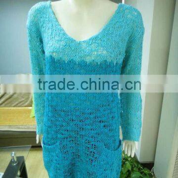 Blue long knit women sweater crochet knitwear new arrival