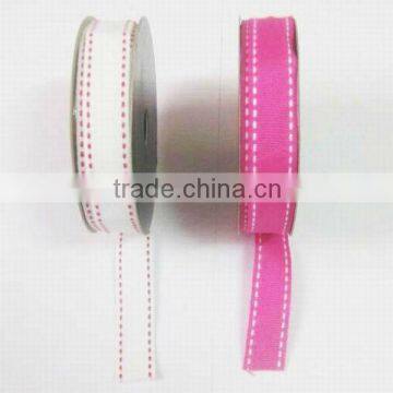 HOT SALE White / Pink Grosgrain Woven Fabric Gift Ribbon with Stiching Line Edge