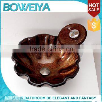 Hot Melt Fadeless Pattern Walnut Shell Tempered Glass Bathroom Vessel Sink Handmade for Bathroom