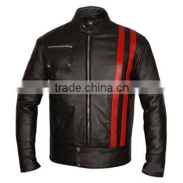 Men Black Fashion Genuine Leather Jacket with Red Stripes