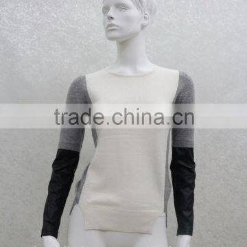 Women's Knitted Stripe Pullover With Leather Sleeve