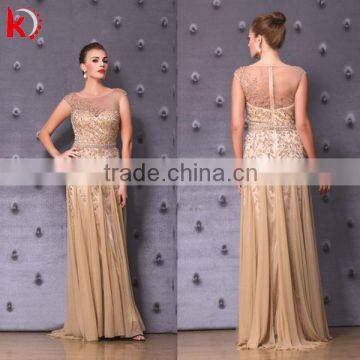 2015 New Gorgeous Stylish Cap Sleeve Glitter Crystal Beaded Sequin Sexy Transparent Back Elegant Gold Kleid Lang