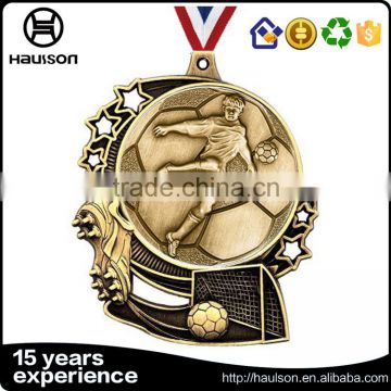 personalized custom hollow out casting embossed iron zinc alloy antique gold brass plated football WW2 sport medal with ribbon