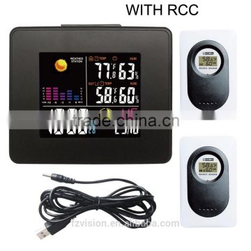 RF Wireless RCC LED Weather Station Clock Black with Backlight Indoor Outdoor Temperature Humidity with 2 sensors