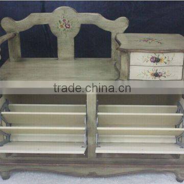 BISINI Handpainting Chair With Telephone Table, Solid Wood Shoe Changing Chair With Storage Cabinet (BF01-X1190) photo-2