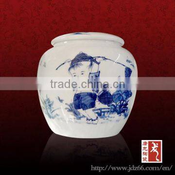 Round style excellent quality blue and white porcelain tea tin canisters with hand painting child made in China