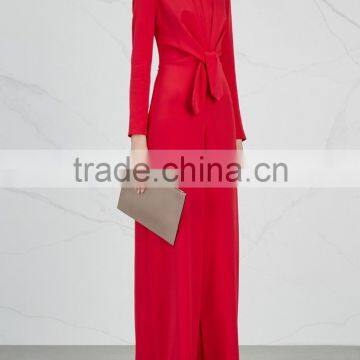 Wholesale Women Apparel Red Stretch Silk Tie-front Wid-leg Jumpsuit(DQE0137J) photo-3