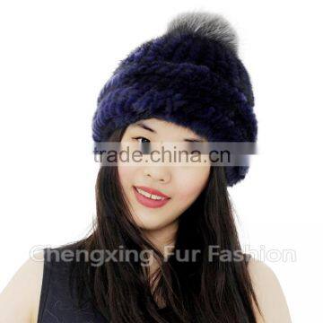 CX-C-239K Cute Style Mixed Color Knitted Cross Grain Real Mink Fur Warm Hats With Fox Fur Pom Pom photo-6