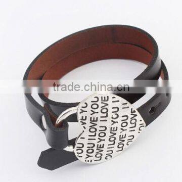 new design 2015 leather wrap bracelet I Love You heart buckle leather wrap bracelet custom logo letter buckle leather bracelet