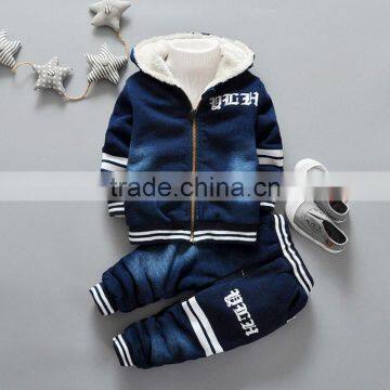 Special design 2017 new year baby suit demin material blue color thickness letters printing boy tops and trousers