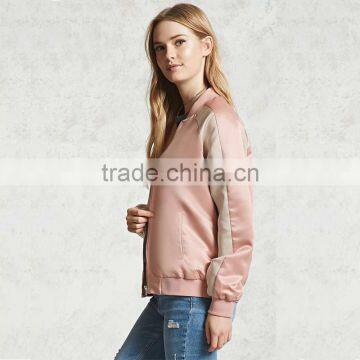 2017 Womens Windproof Satin Contrast Ribbed Knit Trim Bomber Jackets photo-2