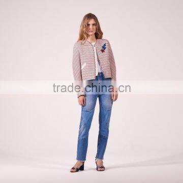 Ladies Cotton Leisure Style Striped Collarless Sequinned Patches Spring Jackets photo-3