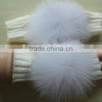 Half glove and mittens with fox fur pompon/ children's warmer short muff and gloves mittens