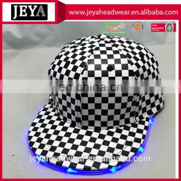 Custom blank snapback hat with built-in led light black and white plaid pu leather snapback hat