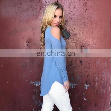 Top Selling Products Blue Cold Shoulder Long Sleeve Jersey Top Woman photo-3
