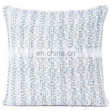 Blue Kantha Block Printed Decorative Throw Cushion Pillow Cover - 16"