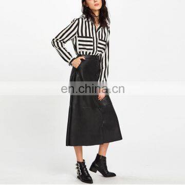 Fashion Ladies High Waist A-Line Button Up Long PU Leather Midi Skirt photo-4