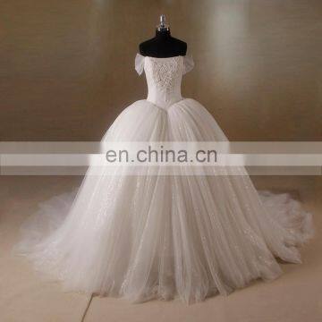 Luxurious Straight Neckline Cap Sleeve Lace Beaded Bodice Seuqins Tulle Ball Gown Wedding Dress