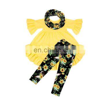 Baby Bell Sleeve Tunic Leggings Scarf Sunflower Outfit Wholesale Children Boutique Clothing