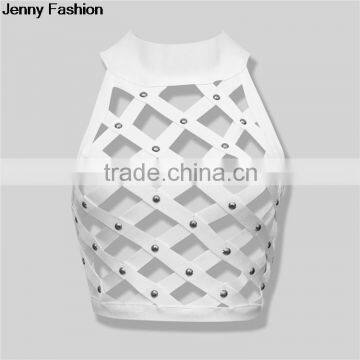 Jenny Fashion 2016 New O Neck Royal Red Black White Pink Sey Beading Women Summer Bandage Fashion Crop Top photo-4