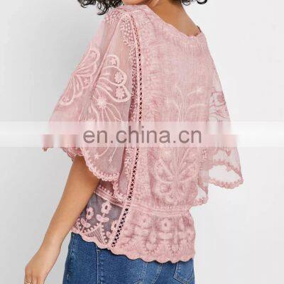 2019 Summer New Women Pink Embroidered Peplum Blouse Top