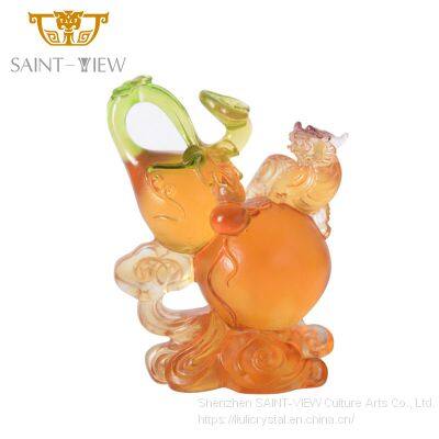 Lost-Wax Liuli Glass Calabash Gourd Pixiu Feng Shui Collecting Money Decorative Sculpture