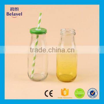 High Quality Glass Juice Bottle Glass Milk Bottles With Metal Lids Straw