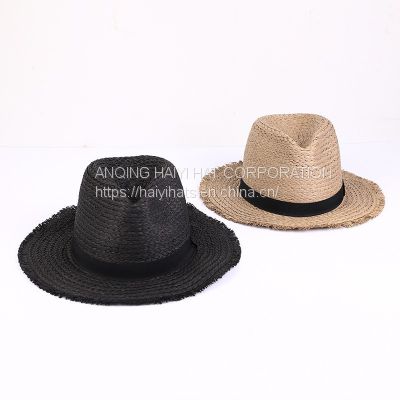 Spring and Summer New Outdoor Sunshade Beach Sunscreen Lafite Straw Hat for the Middle and Elderly with Retro Fur Edge