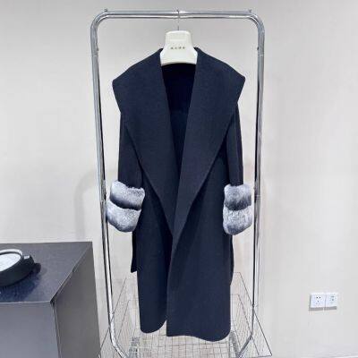 Novo casaco de lã dupla face para mulheres para outono e inverno, de comprimento médio, ajustado e esguio, com mangas e peles de coelho rex Totoro photo-2