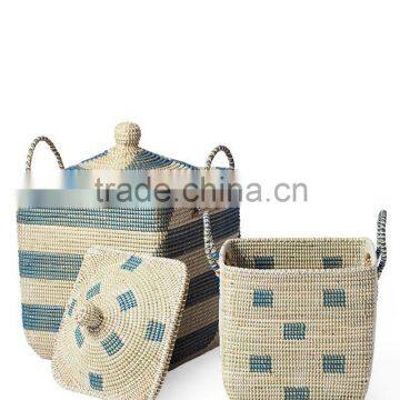 High quality best selling eco-friendly Set of 2 Square Handwoven seagrass basket -blue & natural color from Vietnam