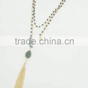 FASHION 3 ROWS BEADED TEAR DROP PENDANT CHAIN TASSEL NECKLACE