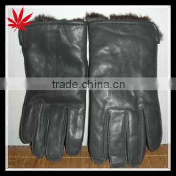 Vintage Mens Dark Gray Leather Gloves With Real Rabbit Fur Lining