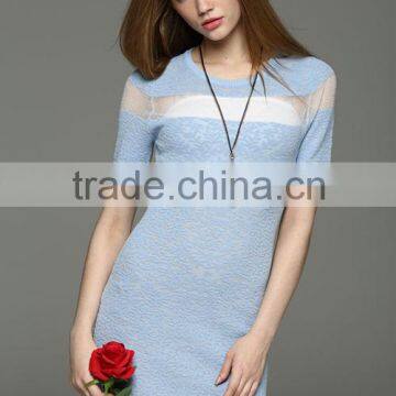 Round-neck short-sleeve sexy transparent stripe jacqaurd dress