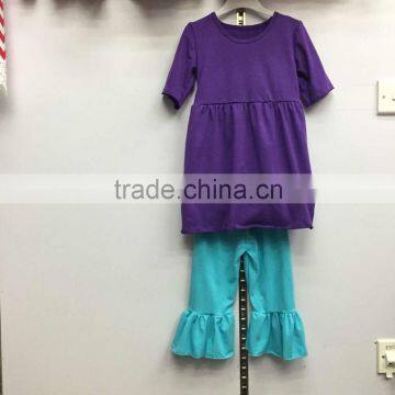 2016 newly made Wholesale Clothes 100%Cotton short Sleeve Purple Top Blue Ruffle Pant Set Cute Girls Boutique Sets