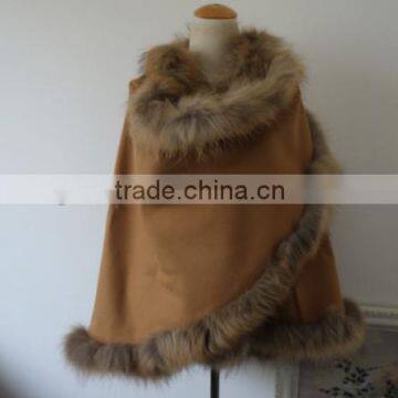 Latest Wool & Cashmere Outwear Womens Capes With Raccoon Fur Trim