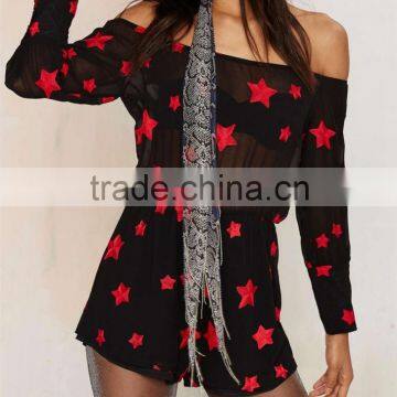 Wholesale Ladies Black Summer off -shoulder Romper With star printing